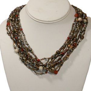 Vintage Multi Strand Multi Color Bohemian Seed Bead Gemstone Bead Necklace